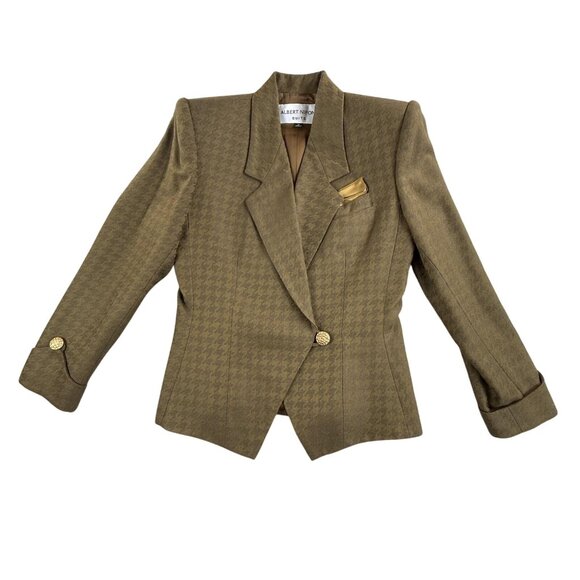 Vintage Albert Nipon Skirt Suit Womens 8 Brown Wool Houndstooth Blazer Set 90s - Picture 1 of 16